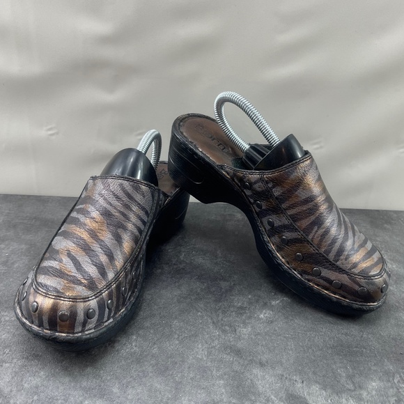 Born Børn Boc Concept Women's 6 M Mules Brown Bronze Gray Zebra Print Heel Shoes - Picture 1 of 12